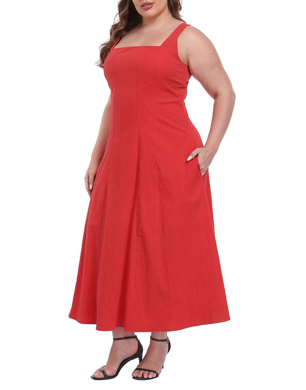 Womens Plus Size Square Neck Midi Dress with Pockets