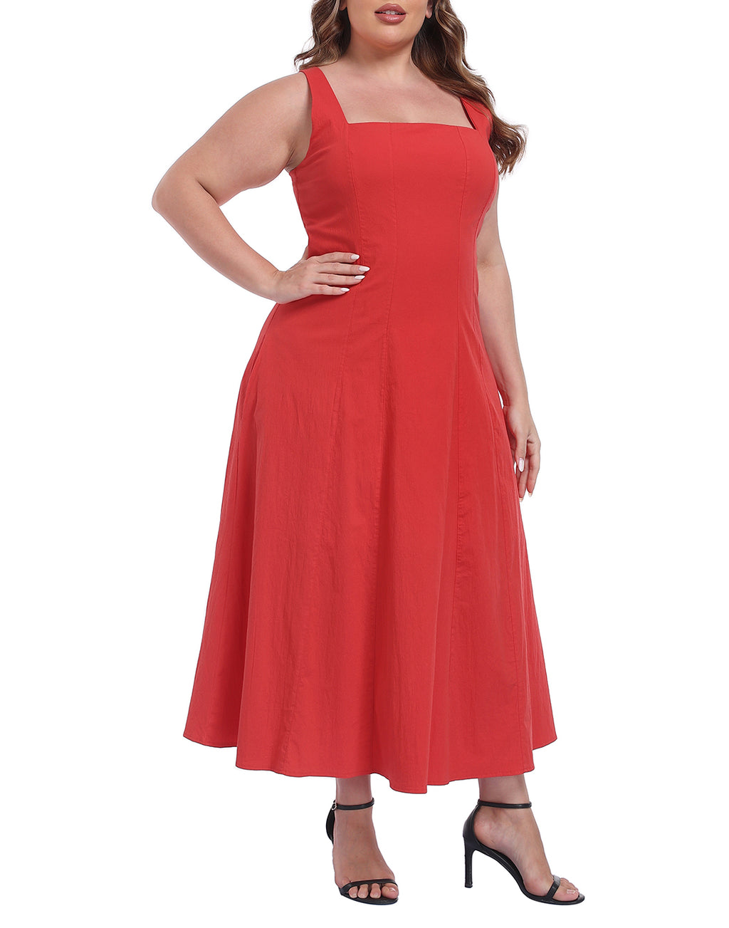 Womens Plus Size Square Neck Midi Dress with Pockets