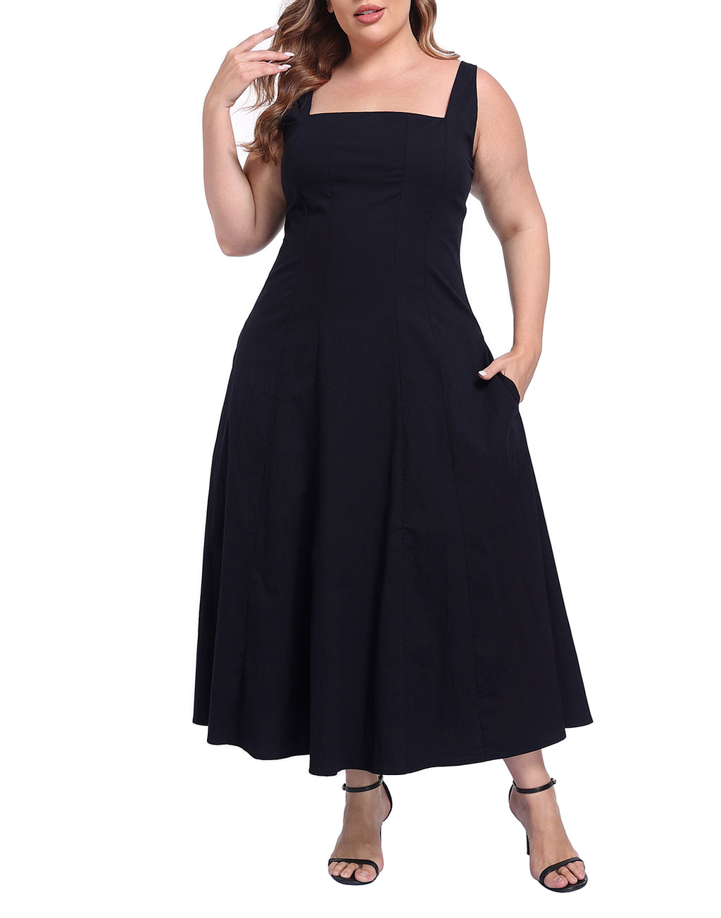Womens Plus Size Square Neck Midi Dress with Pockets