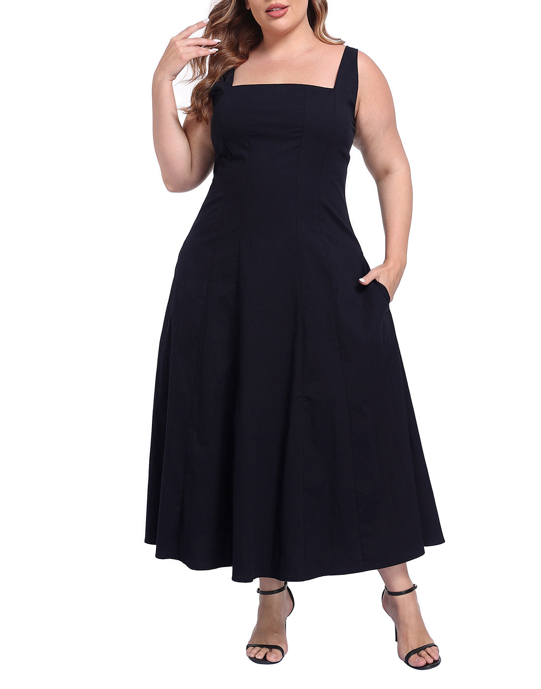 Womens Plus Size Square Neck Midi Dress with Pockets
