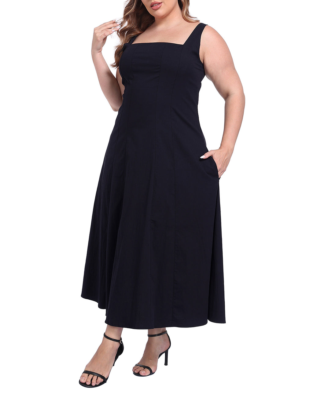 Womens Plus Size Square Neck Midi Dress with Pockets
