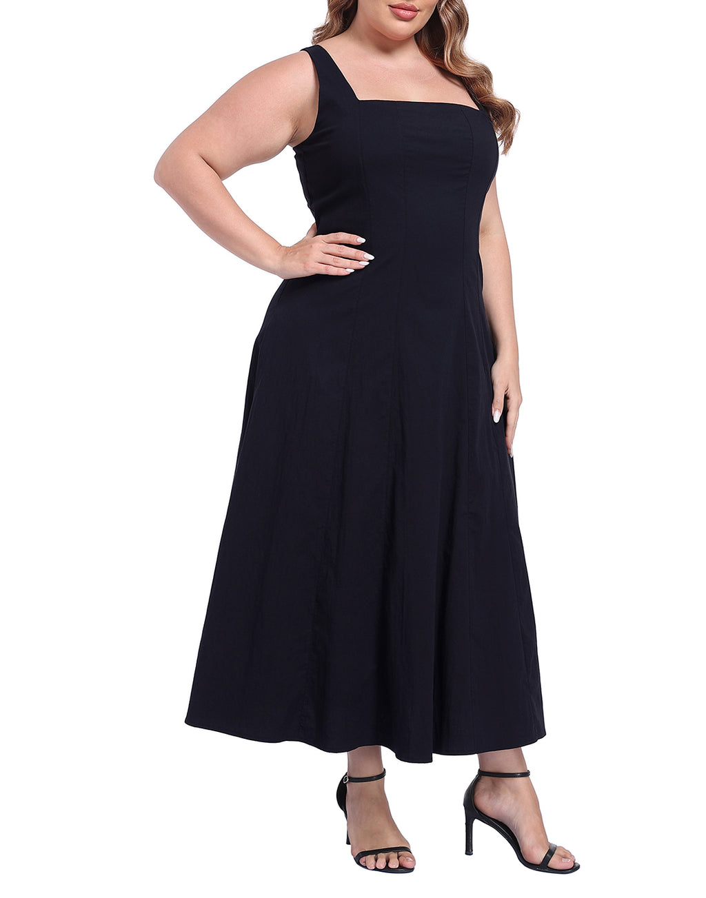 Womens Plus Size Square Neck Midi Dress with Pockets