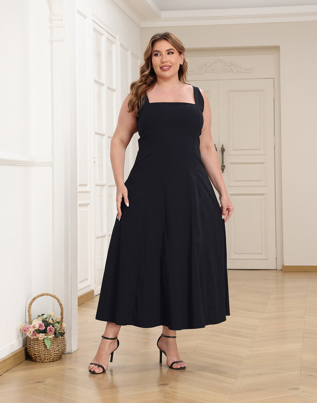 Womens Plus Size Square Neck Midi Dress with Pockets
