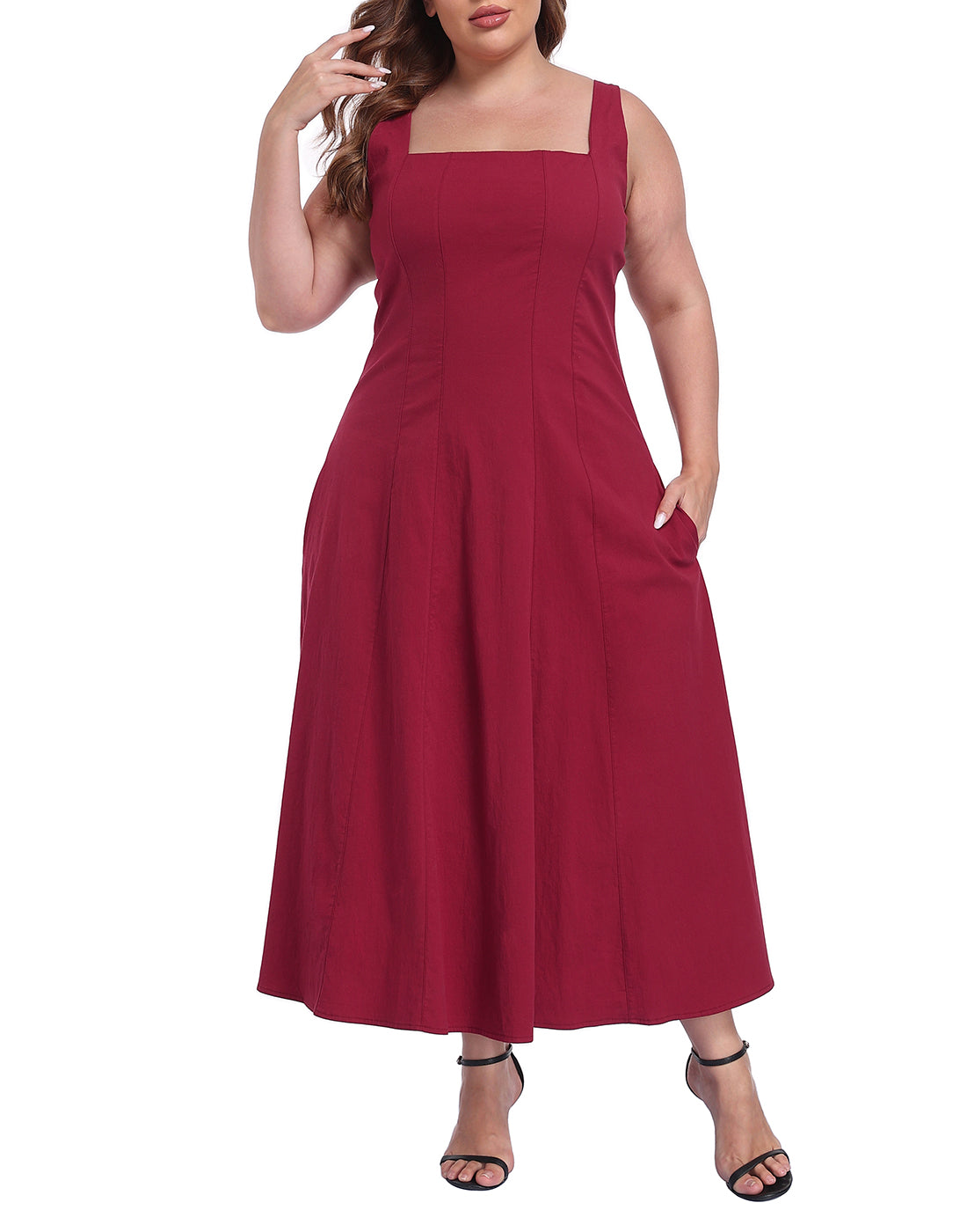 Womens Plus Size Square Neck Midi Dress with Pockets