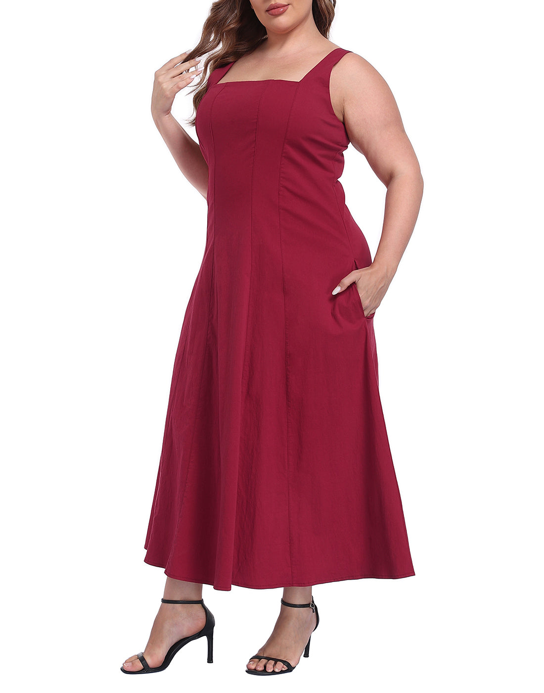 Womens Plus Size Square Neck Midi Dress with Pockets