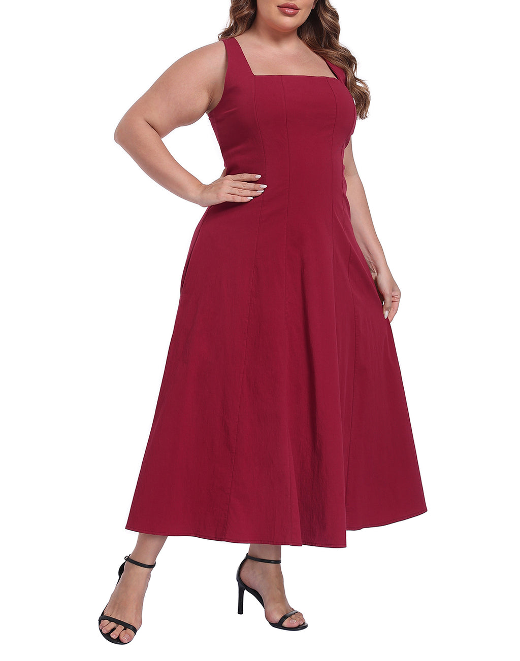 Womens Plus Size Square Neck Midi Dress with Pockets