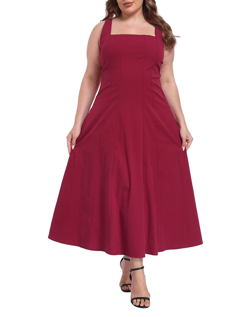 Womens Plus Size Square Neck Midi Dress with Pockets