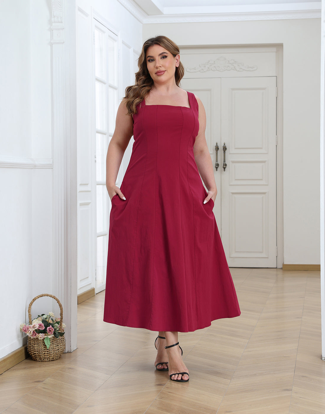 Womens Plus Size Square Neck Midi Dress with Pockets