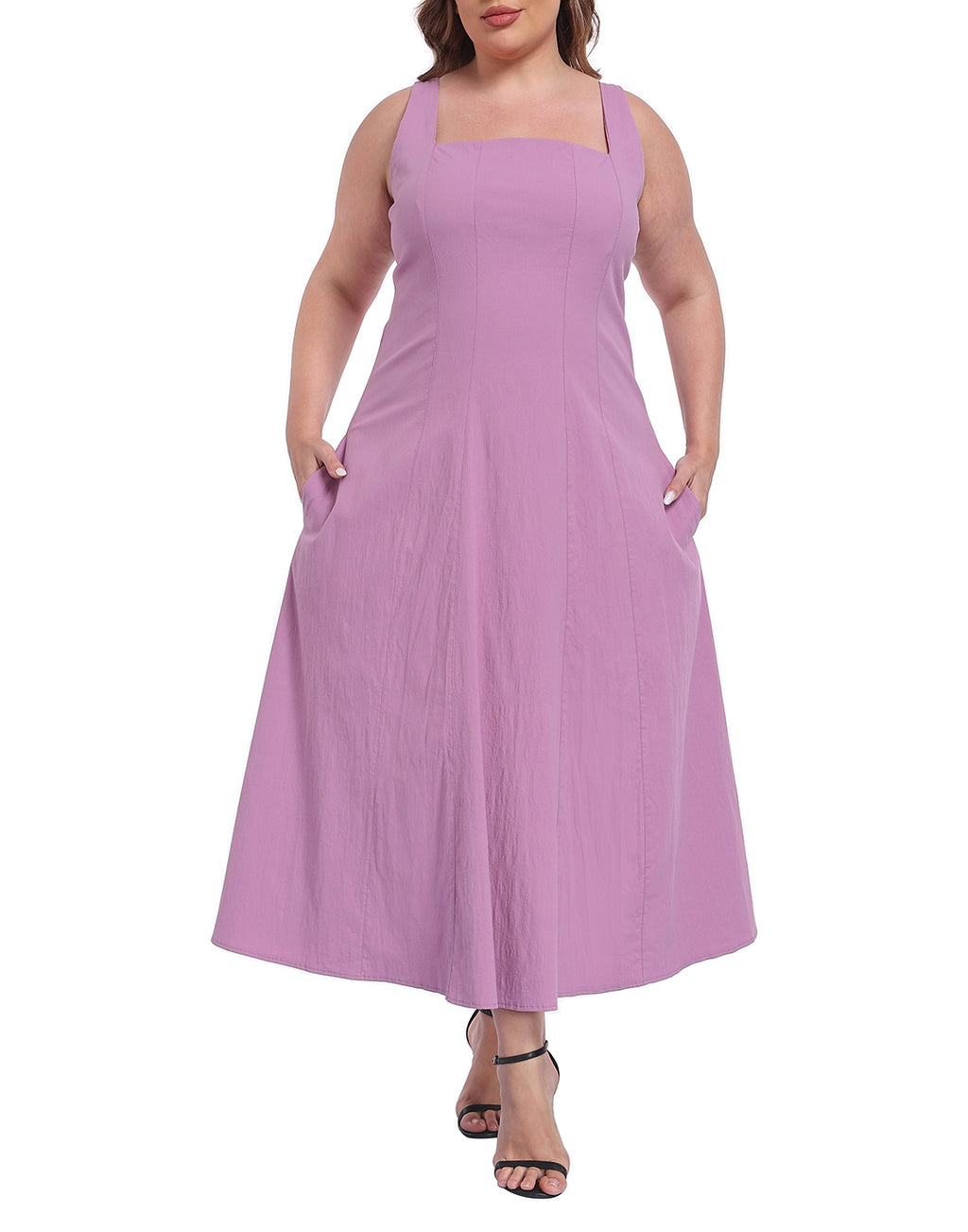 Womens Plus Size Square Neck Midi Dress with Pockets