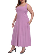 Womens Plus Size Square Neck Midi Dress with Pockets