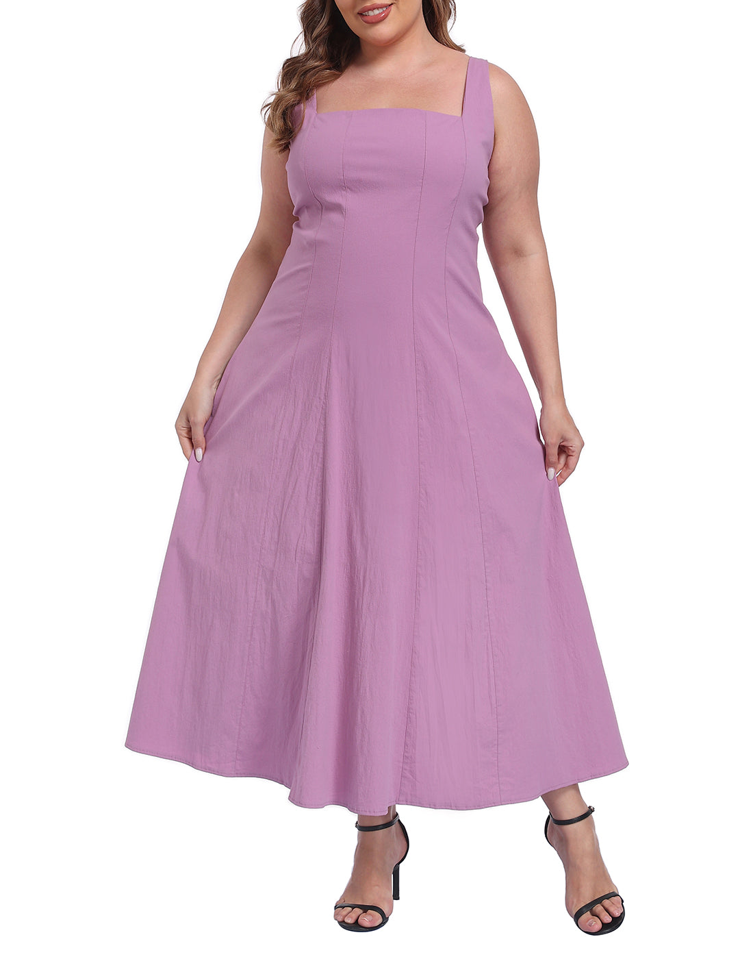 Womens Plus Size Square Neck Midi Dress with Pockets