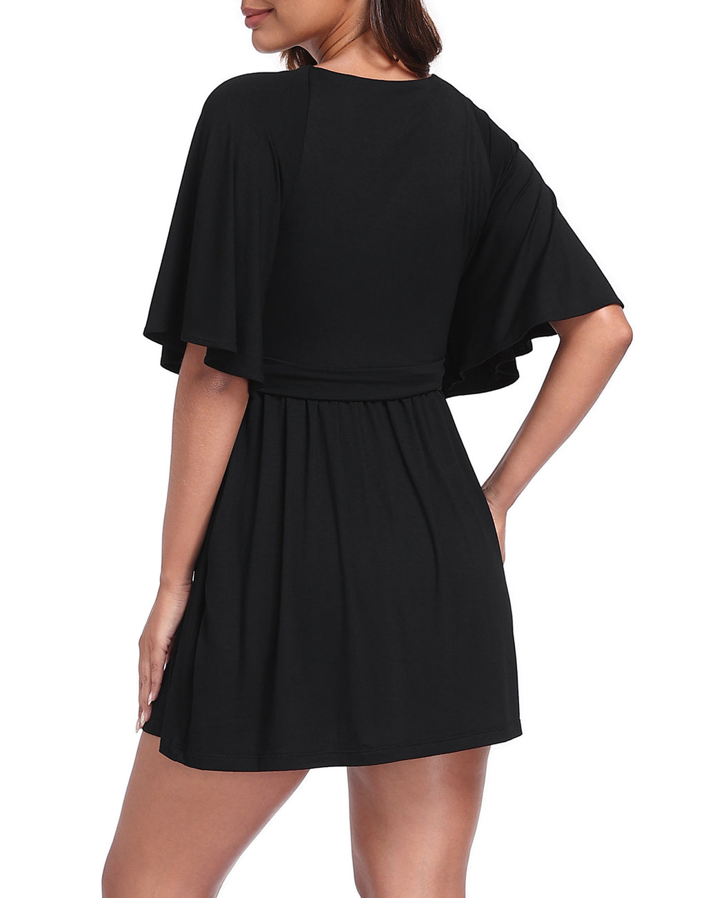 Women's Flutter Sleeve Skirted Romper Dress with Quick Slip Built-in Shorts and Pockets
