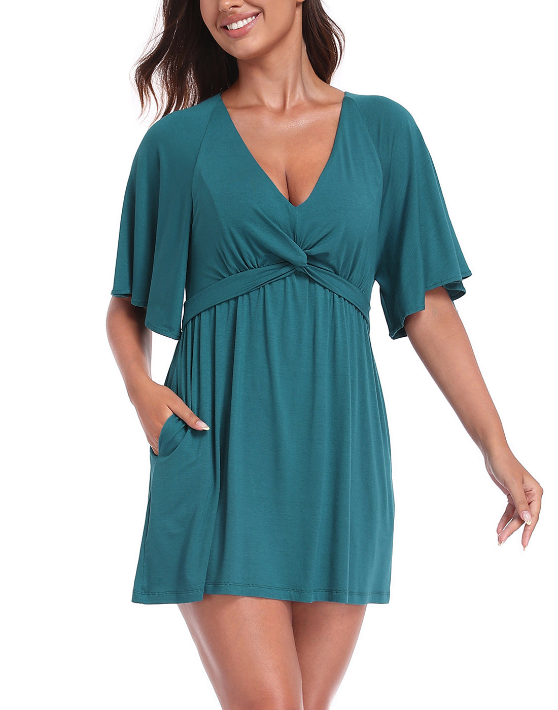 Women's Flutter Sleeve Skirted Romper Dress with Quick Slip Built-in Shorts and Pockets