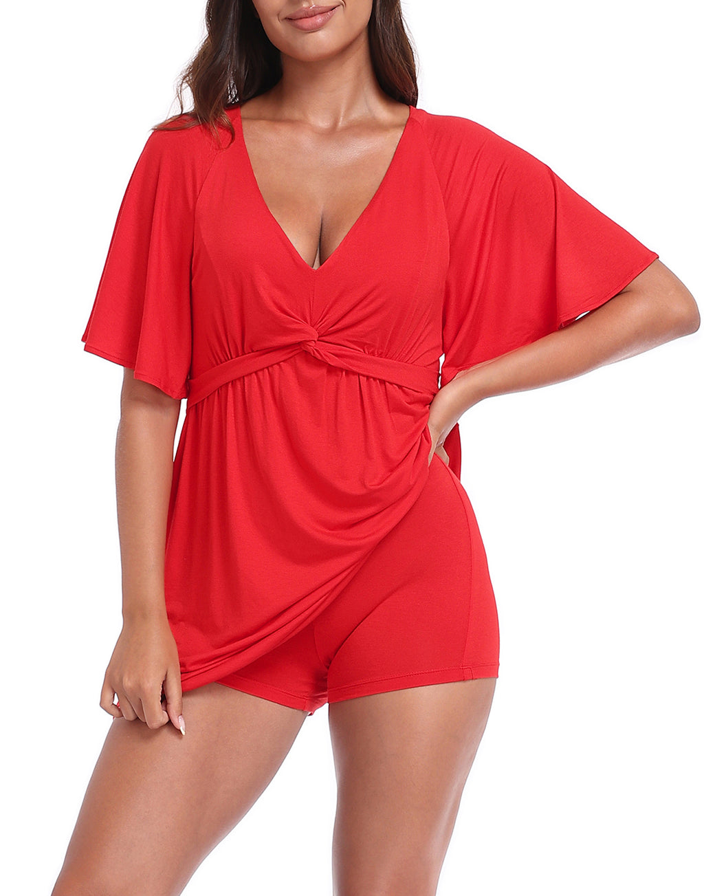 Women's Flutter Sleeve Skirted Romper Dress with Quick Slip Built-in Shorts and Pockets