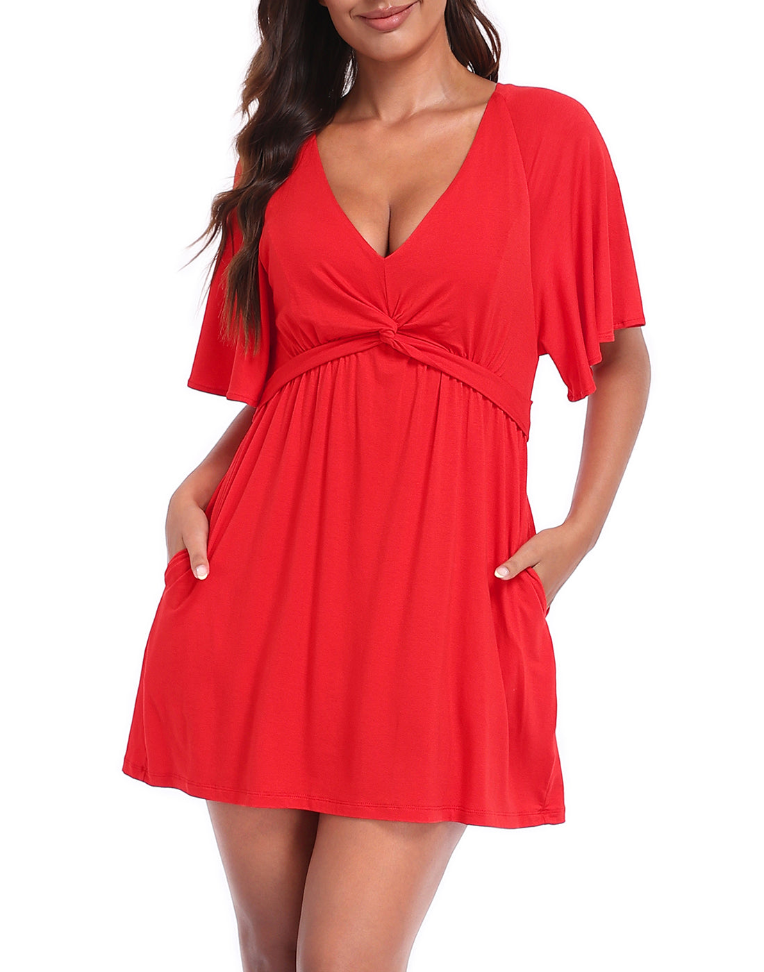 Women's Flutter Sleeve Skirted Romper Dress with Quick Slip Built-in Shorts and Pockets