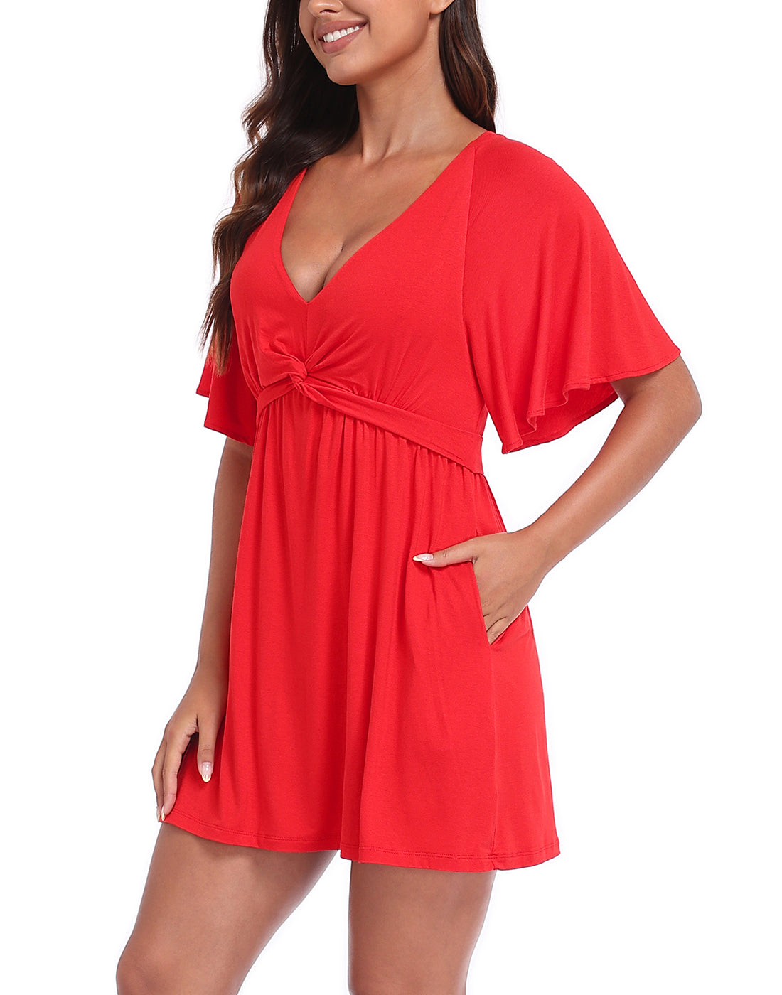 Women's Flutter Sleeve Skirted Romper Dress with Quick Slip Built-in Shorts and Pockets