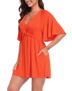 Women's Flutter Sleeve Skirted Romper Dress with Quick Slip Built-in Shorts and Pockets