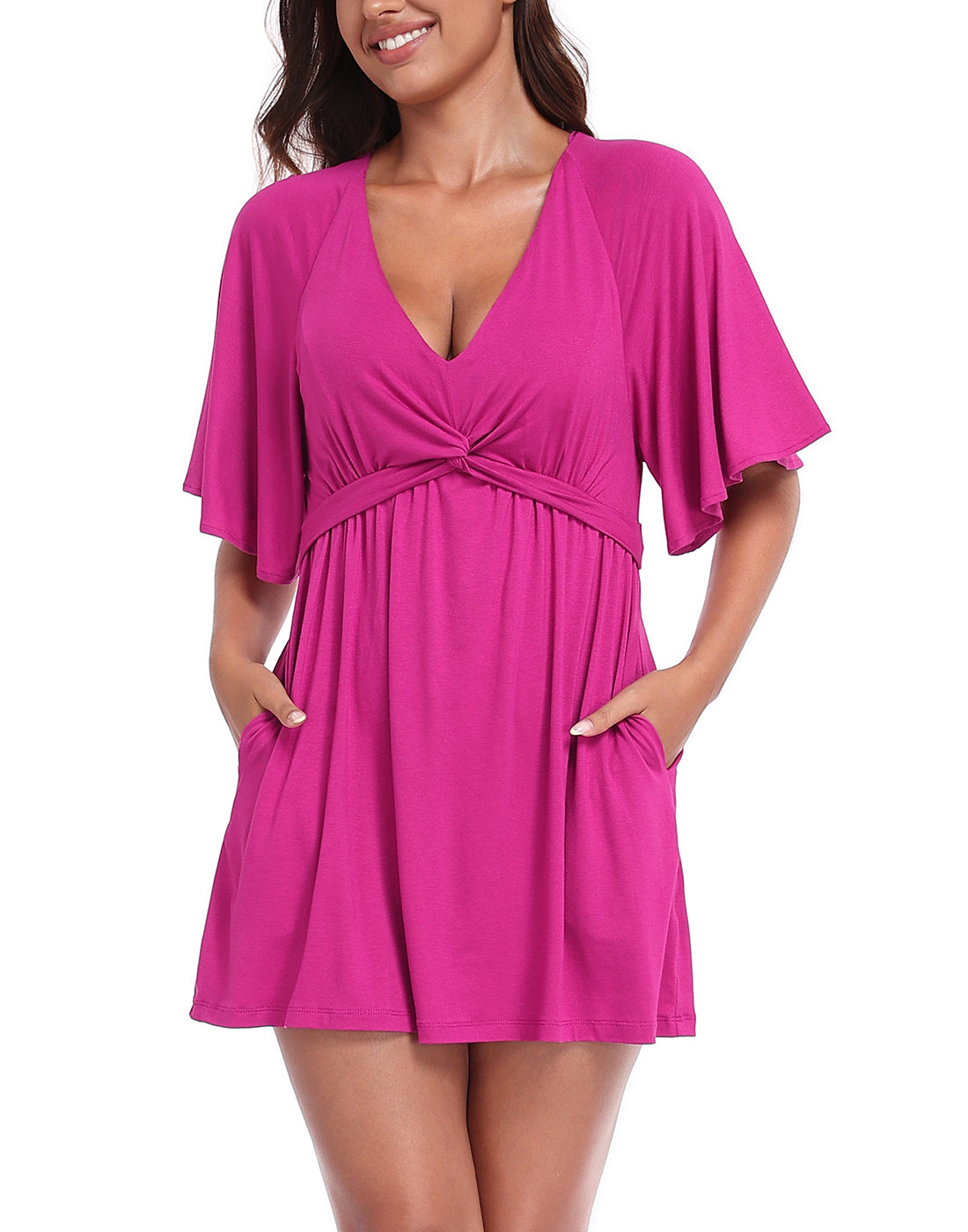 Women's Flutter Sleeve Skirted Romper Dress with Quick Slip Built-in Shorts and Pockets