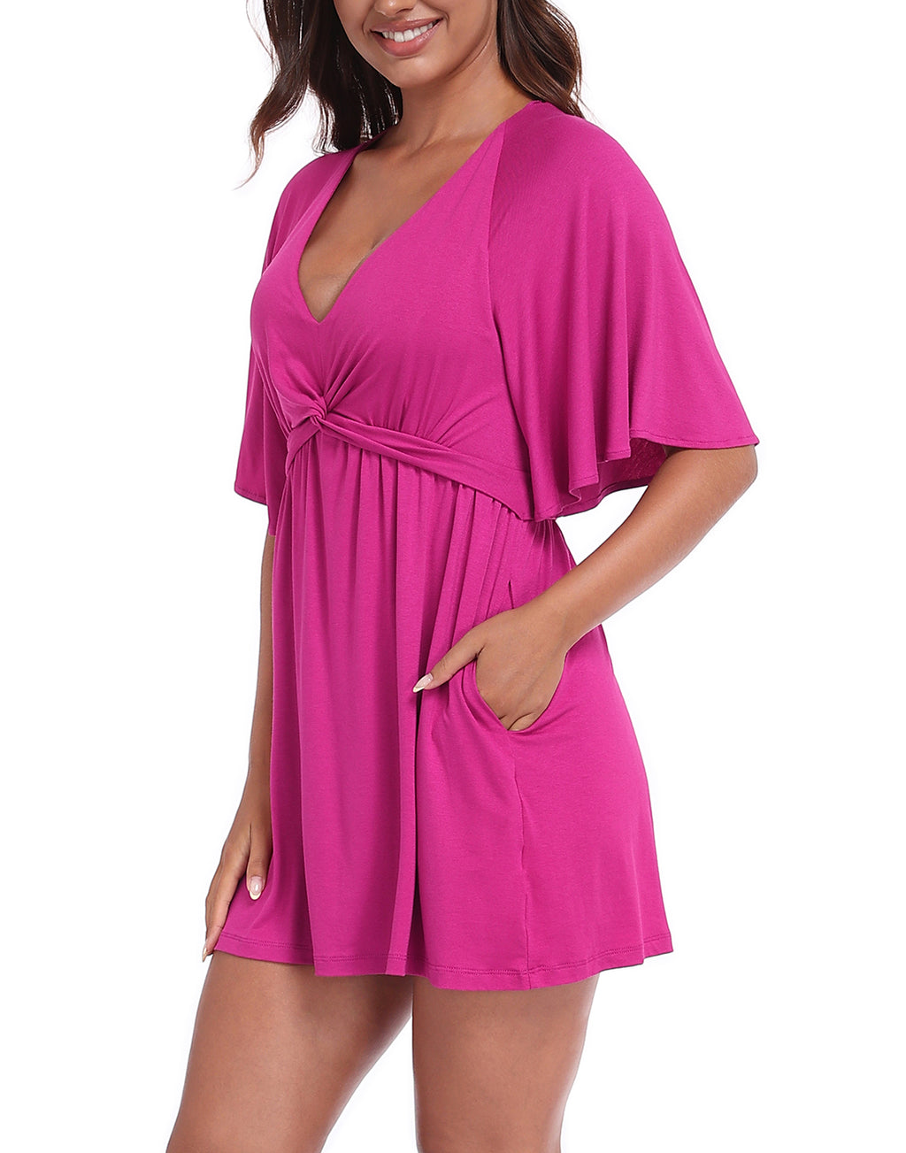 Women's Flutter Sleeve Skirted Romper Dress with Quick Slip Built-in Shorts and Pockets