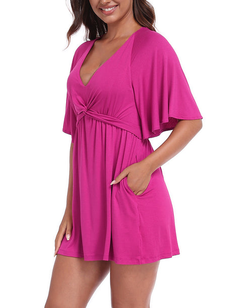Women's Flutter Sleeve Skirted Romper Dress with Quick Slip Built-in Shorts and Pockets