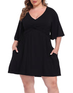 Women's Plus Size Flutter Sleeve Skirted Romper Dress with Quick Slip Built-in Shorts and Pockets