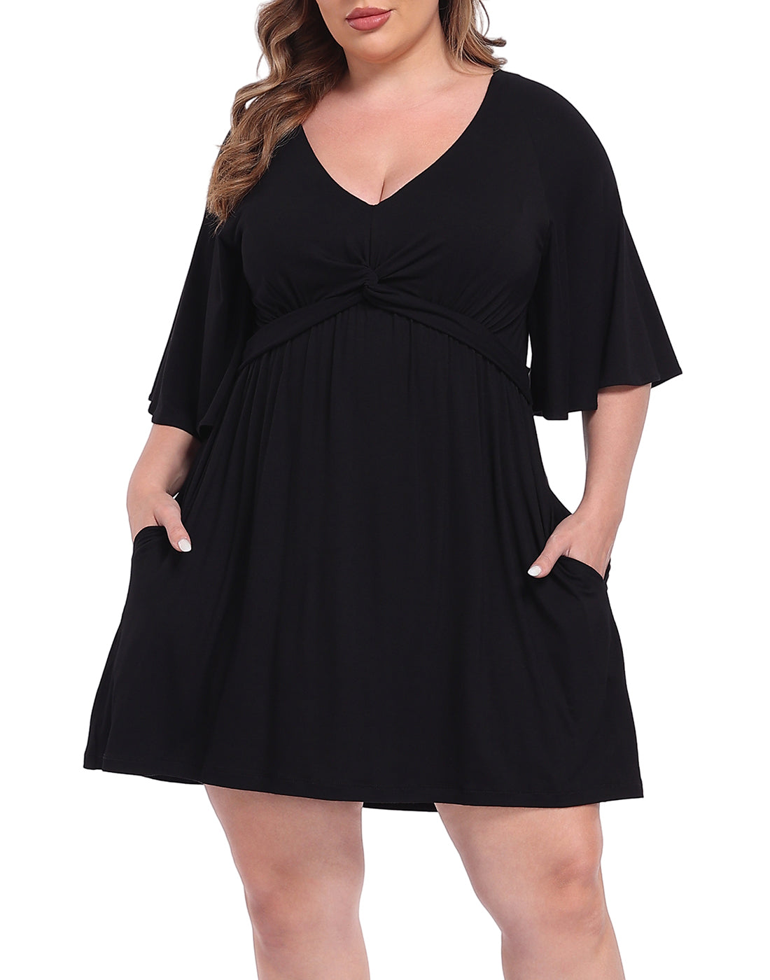 Women's Plus Size Flutter Sleeve Skirted Romper Dress with Quick Slip Built-in Shorts and Pockets