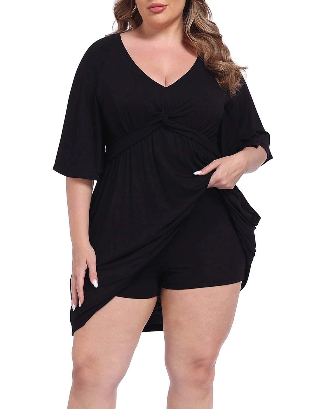 Women's Plus Size Flutter Sleeve Skirted Romper Dress with Quick Slip Built-in Shorts and Pockets Main image