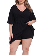 Women's Plus Size Flutter Sleeve Skirted Romper Dress with Quick Slip Built-in Shorts and Pockets