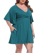 Women's Plus Size Flutter Sleeve Skirted Romper Dress with Quick Slip Built-in Shorts and Pockets
