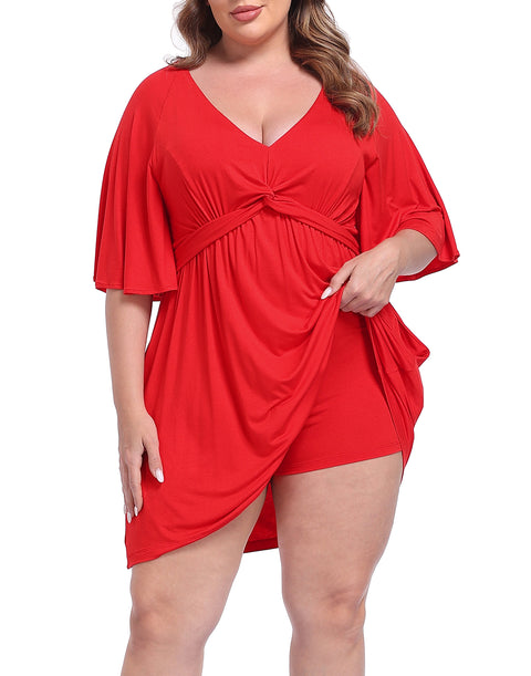 Women's Plus Size Flutter Sleeve Skirted Romper Dress with Quick Slip Built-in Shorts and Pockets