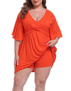 Women's Plus Size Flutter Sleeve Skirted Romper Dress with Quick Slip Built-in Shorts and Pockets