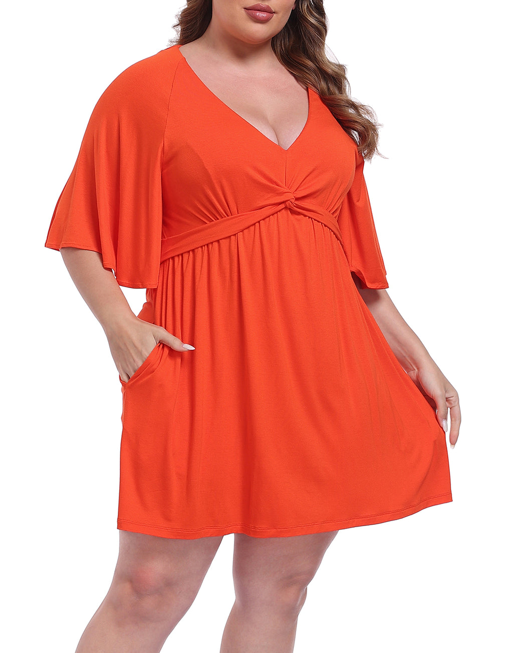 Women's Plus Size Flutter Sleeve Skirted Romper Dress with Quick Slip Built-in Shorts and Pockets