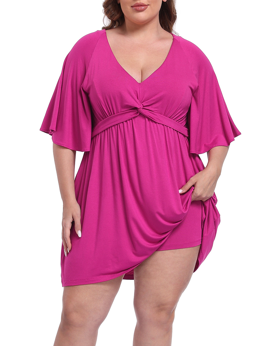 Women's Plus Size Flutter Sleeve Skirted Romper Dress with Quick Slip Built-in Shorts and Pockets