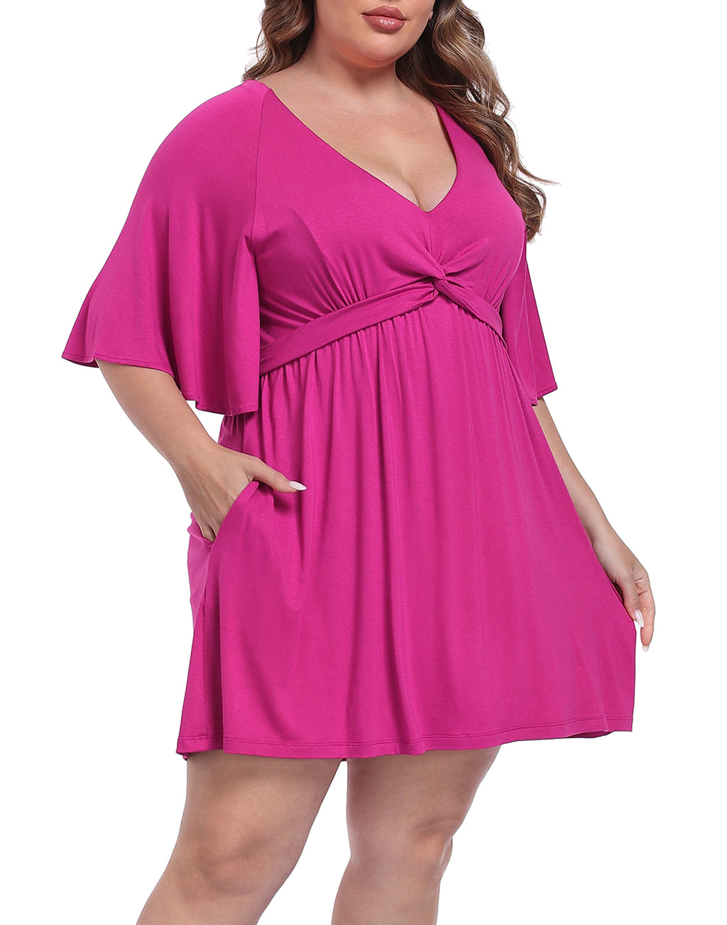 Women's Plus Size Flutter Sleeve Skirted Romper Dress with Quick Slip Built-in Shorts and Pockets