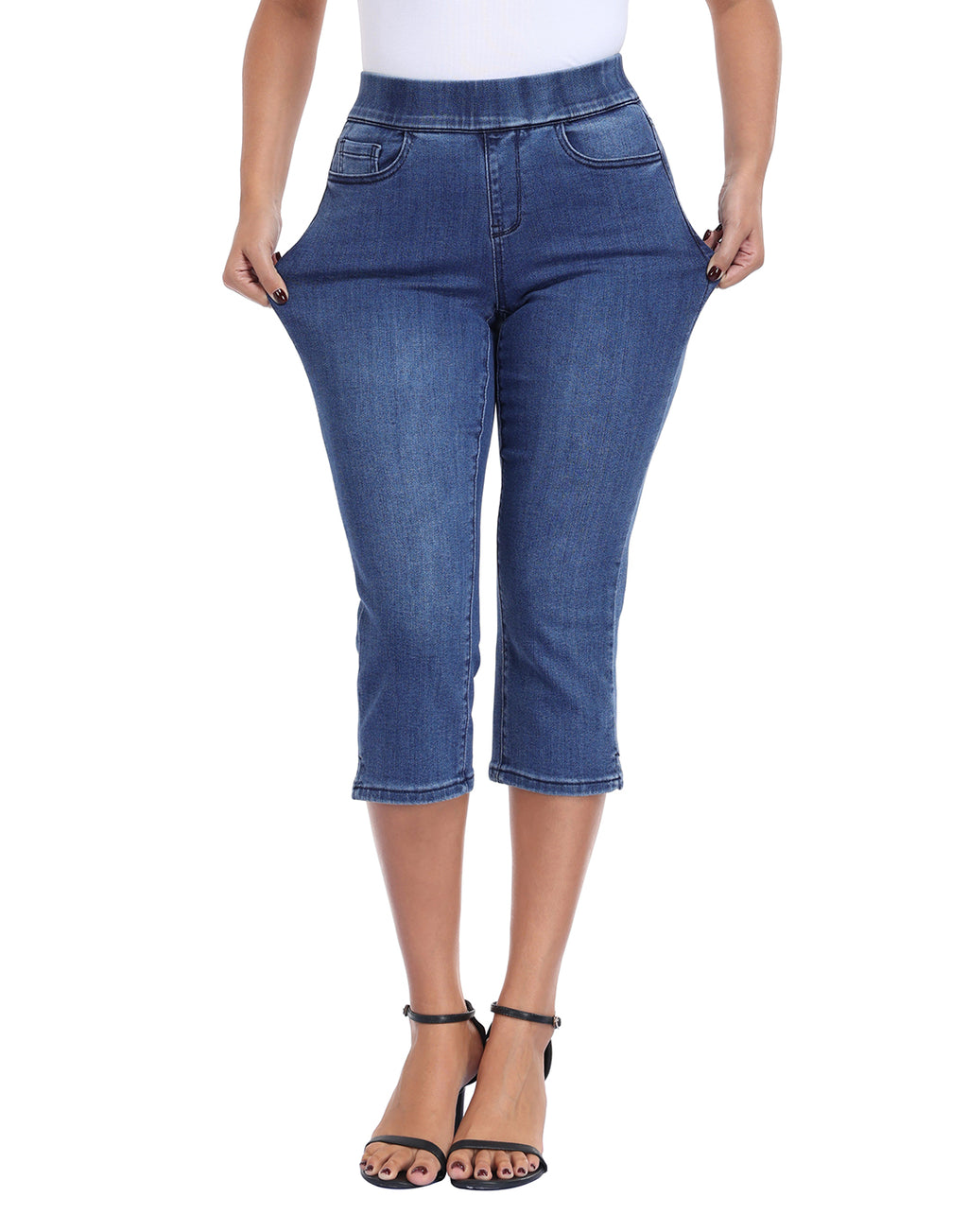 Pull On Capri Jeans 21" Inseam Slim Fit Cropped Stretch Denim Capris with Pockets