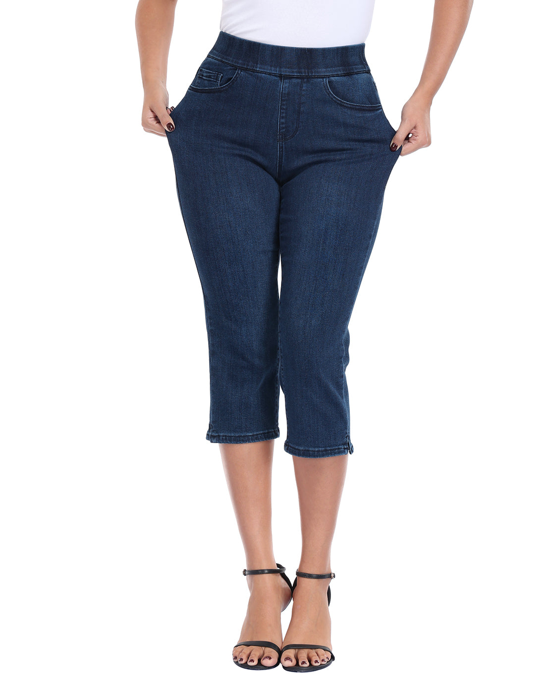 Pull On Capri Jeans 21" Inseam Slim Fit Cropped Stretch Denim Capris with Pockets