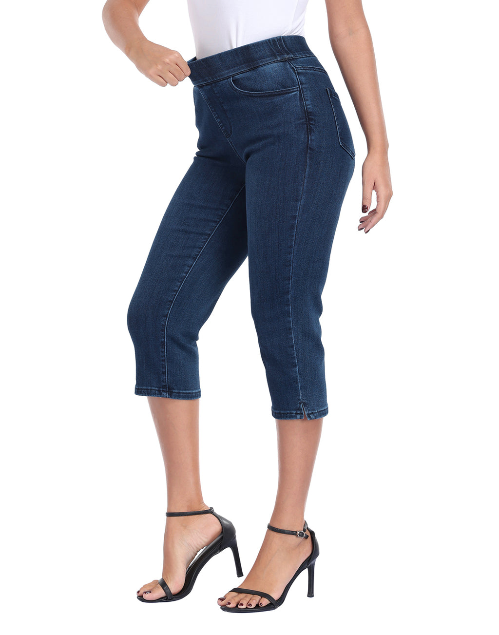 Pull On Capri Jeans 21" Inseam Slim Fit Cropped Stretch Denim Capris with Pockets