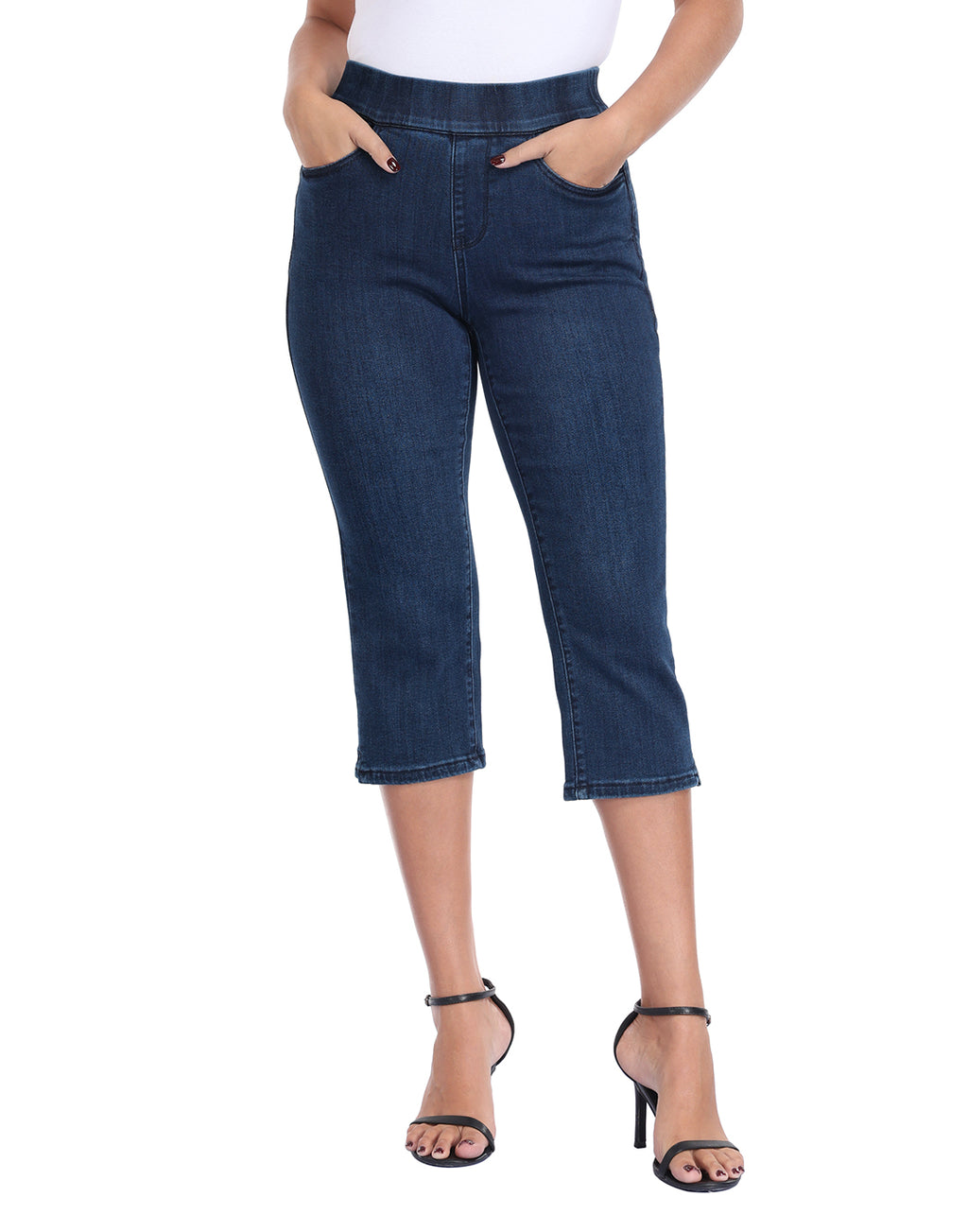 Pull On Capri Jeans 21" Inseam Slim Fit Cropped Stretch Denim Capris with Pockets