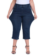 Plus Size Pull On Capri Jeans 21" Inseam Slim Fit Cropped Stretch Denim Capris with Pockets