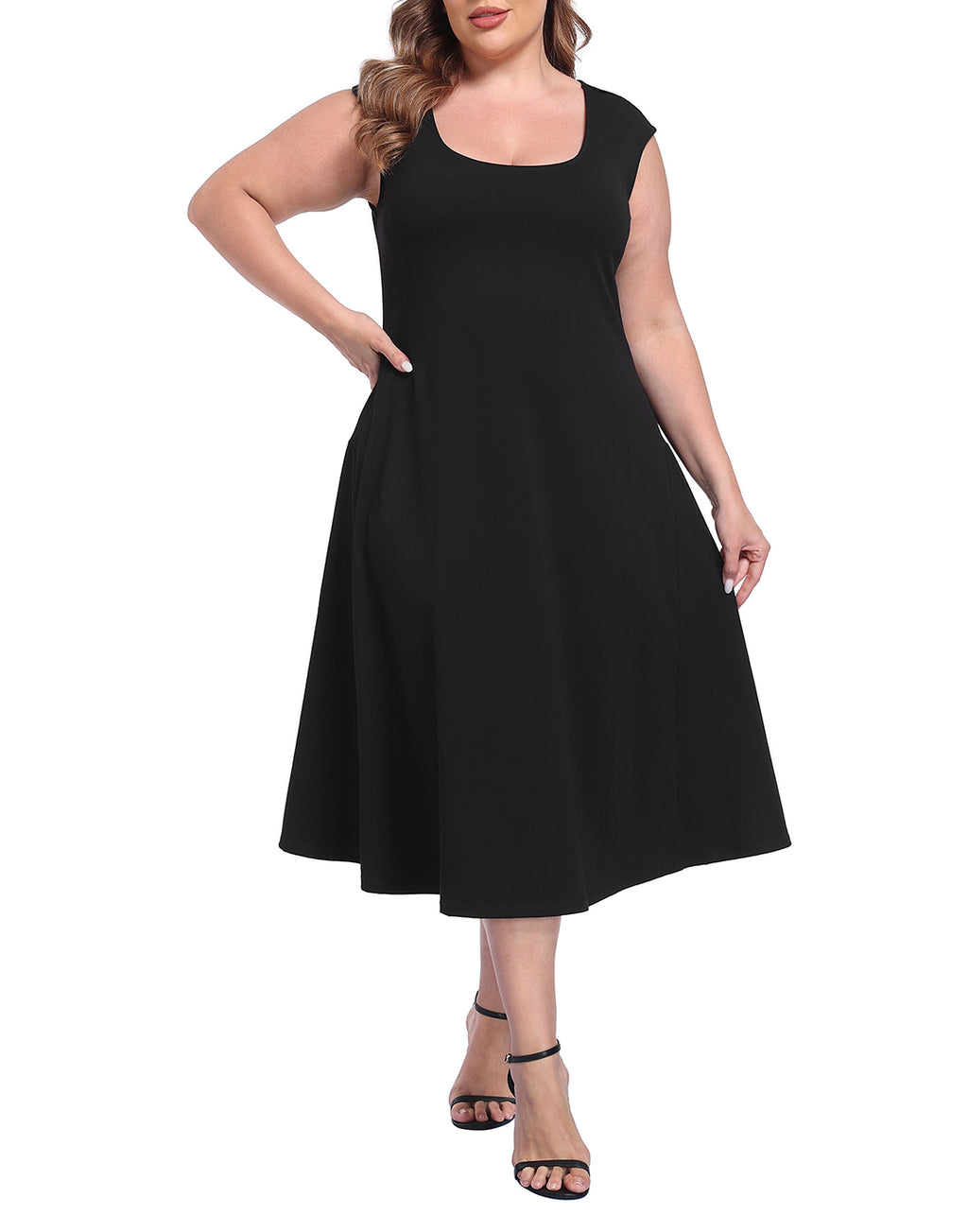 Women's Plus Size Midi Summer Dress Fit and Flare Cap Sleeve Sundresses