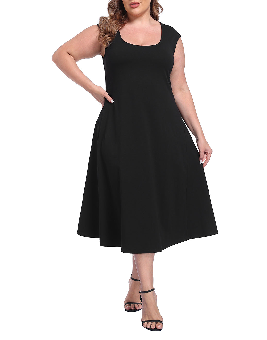 Women's Plus Size Midi Summer Dress Fit and Flare Cap Sleeve Sundresses