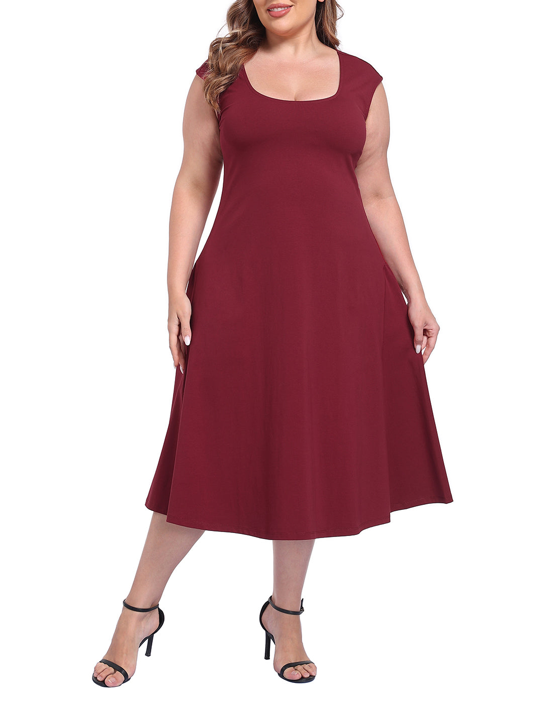 Women's Plus Size Midi Summer Dress Fit and Flare Cap Sleeve Sundresses