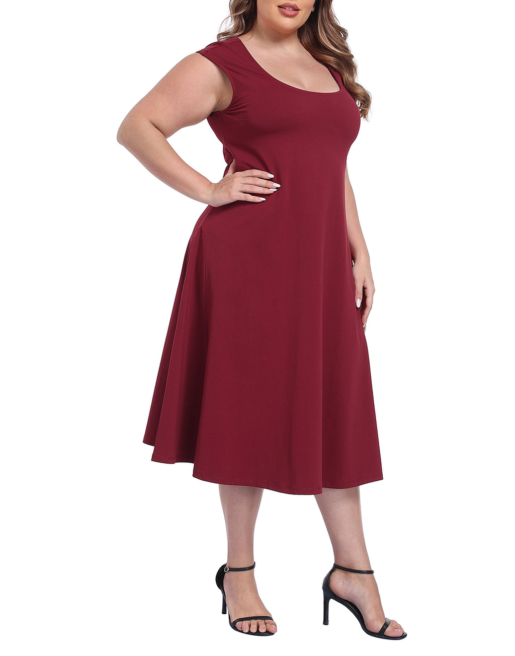 Women's Plus Size Midi Summer Dress Fit and Flare Cap Sleeve Sundresses