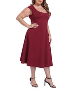 Women's Plus Size Midi Summer Dress Fit and Flare Cap Sleeve Sundresses