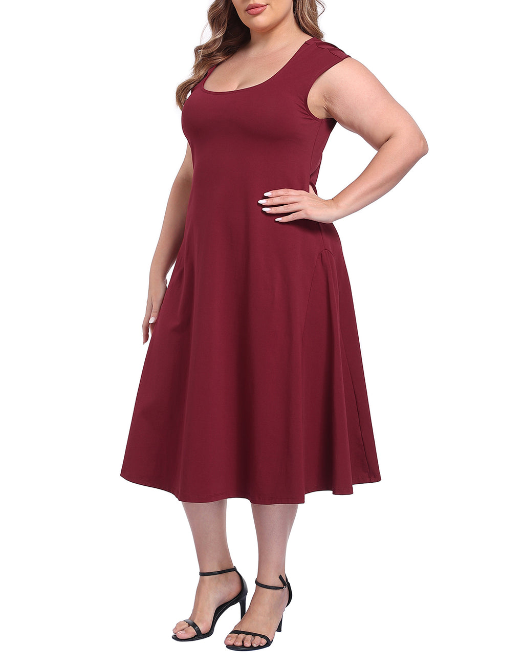 Women's Plus Size Midi Summer Dress Fit and Flare Cap Sleeve Sundresses