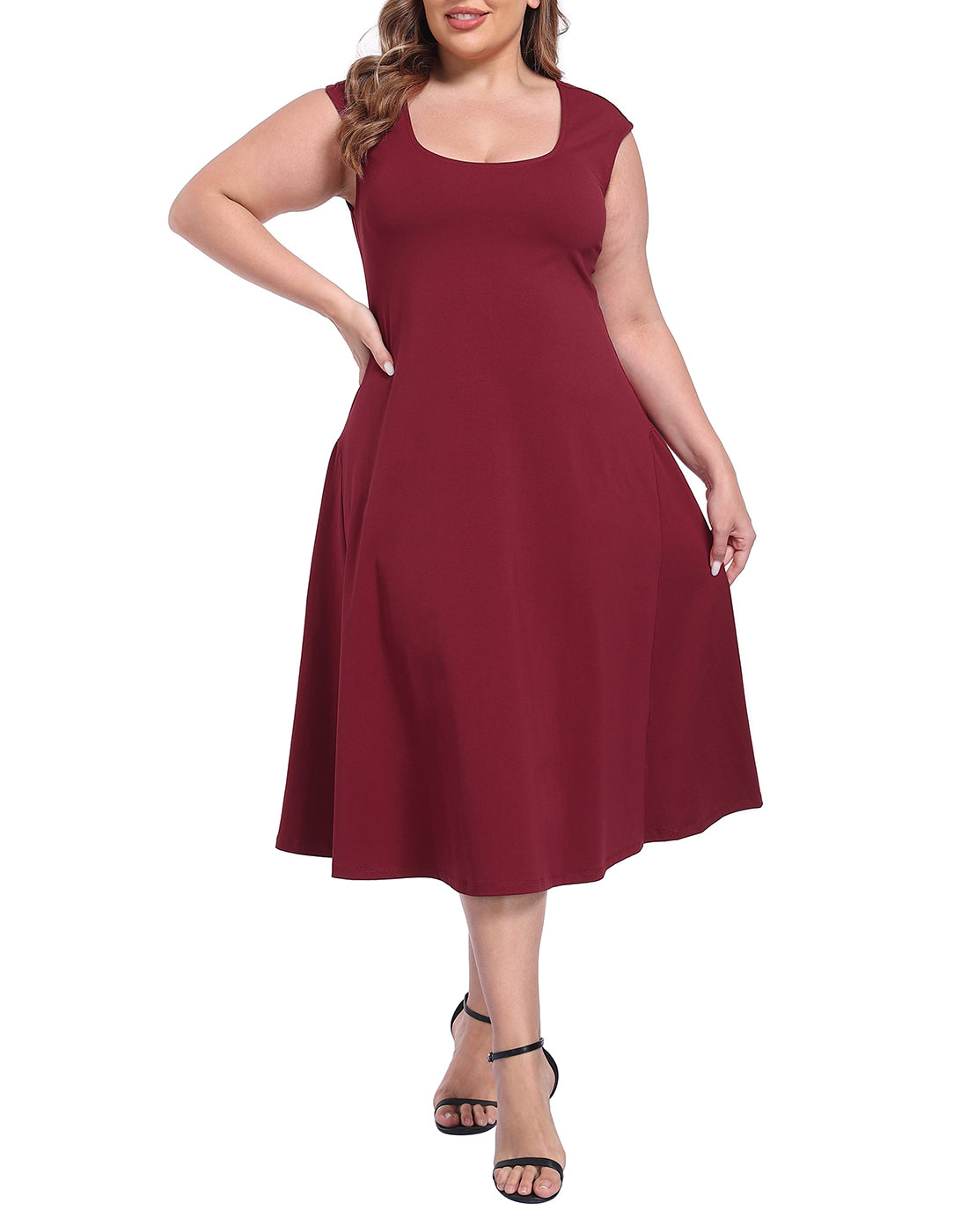 Women's Plus Size Midi Summer Dress Fit and Flare Cap Sleeve Sundresses