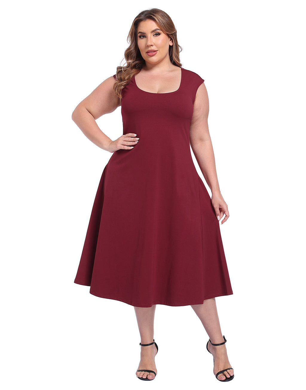 Women's Plus Size Midi Summer Dress Fit and Flare Cap Sleeve Sundresses