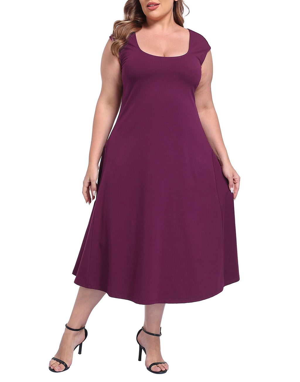 Women's Plus Size Midi Summer Dress Fit and Flare Cap Sleeve Sundresses