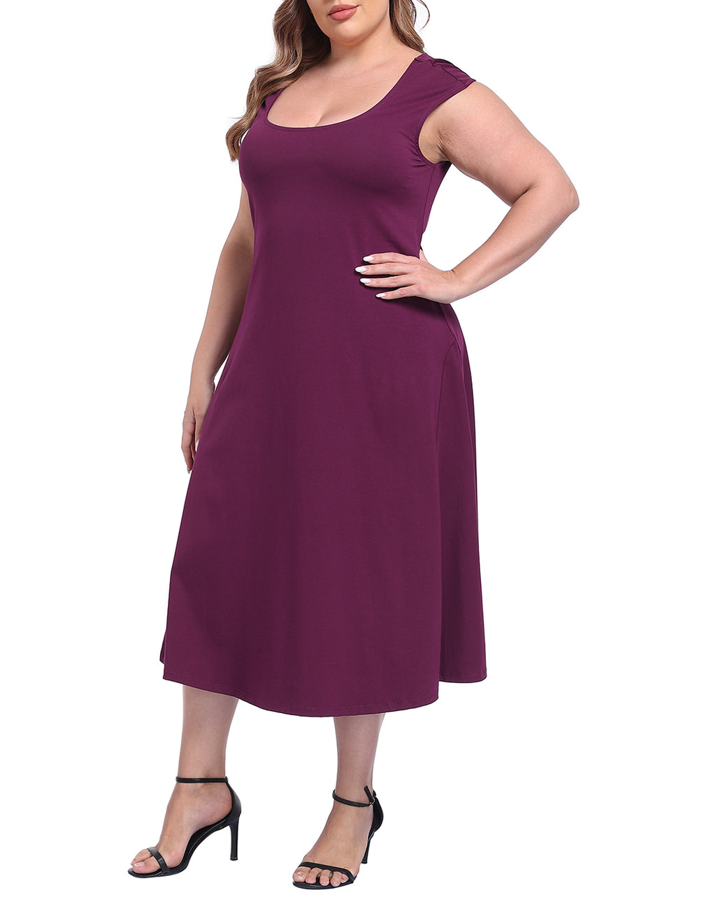 Women's Plus Size Midi Summer Dress Fit and Flare Cap Sleeve Sundresses