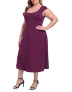 Women's Plus Size Midi Summer Dress Fit and Flare Cap Sleeve Sundresses